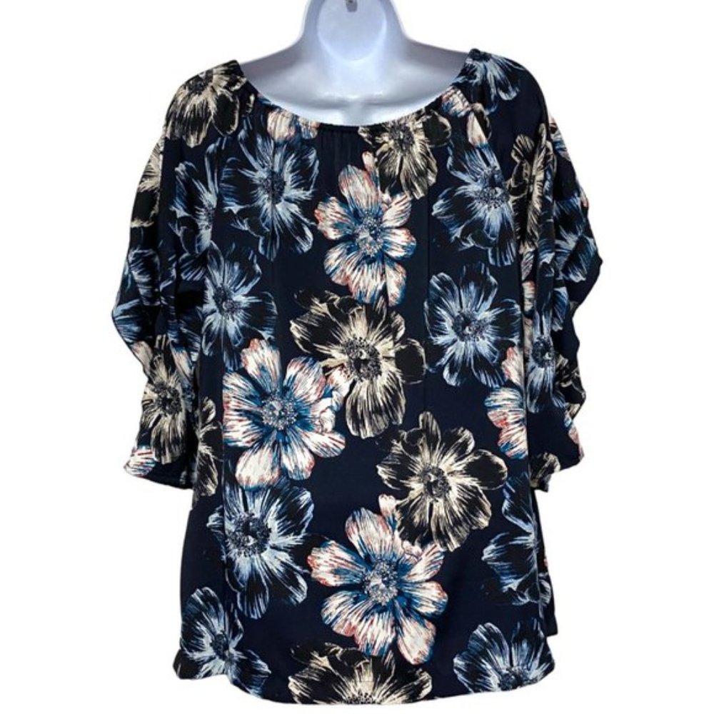 Forever Scarlett Woman’s Ruffle Shoulders/Sleeve Short Sleeve Floral Top Sz 3X